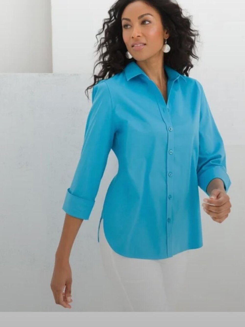 NWT Chicos Effortless Cotton Bartack Shirt Bora Bora Blue Size 2 Large